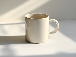 Obraz premium White mug on a plain white surface with a soft shadow, showcasing the simplicity of the design