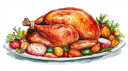 3D Watercolor Roasted Turkey with Vegetables on a Platter -  Stock Image