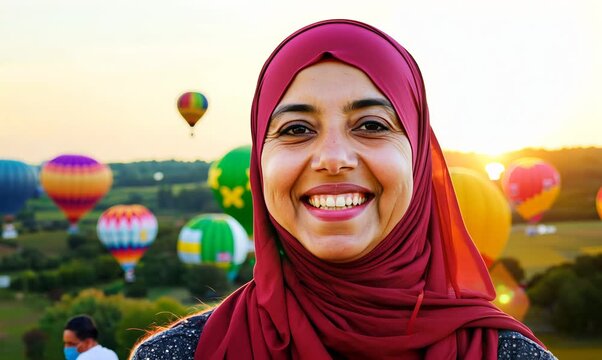 Medium shot portrait video of a pleased woman in her 40s that is wearing hijab against a colorful balloon festival with hot air balloons in the sky background