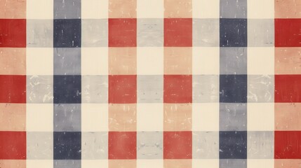 Fototapeta premium A vibrant checkered tablecloth with red, blue, and cream squares covers a solid surface, adding warmth to the space