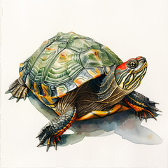 Fototapeta premium Red-eared slider turtle crawls forward in a detailed watercolor illustration isolated on a white background.