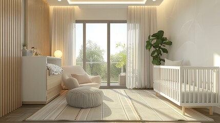 Modern nursery room with natural light and wooden accents
