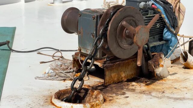 Anchor windlass of the motorboat. Large, diesel motor winds the chain to raise and lower the anchor. Anchor winch mechanism in ship mooring in port
