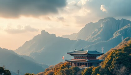 Serene Mountaintop Temple at Sunset