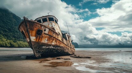 Rusty Shipwreck on a Tropical Shore