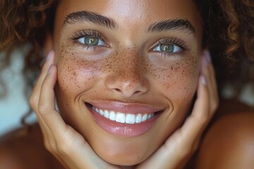 Close up portrait of woman smiling, hands on cheeks, displaying bright white teeth