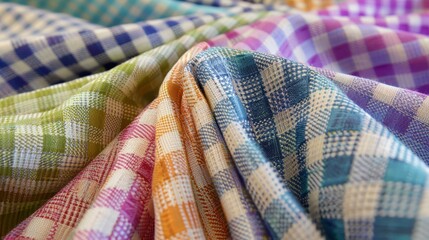 A variety of colorful checked fabric swatches are arranged artistically, showcasing different patterns and textures