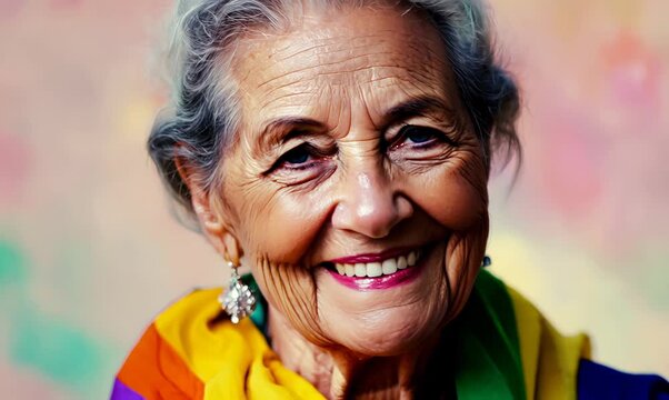 Portrait video of a pleased Brazilian woman in her 70s wearing a foulard against a pastel or soft colors background 