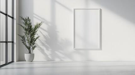 Minimalist poster in a white frame, standing on a light grey floor against a white wall