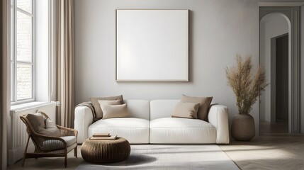 White frame with a minimalist geometric print, displayed in a neutral, minimalist living space