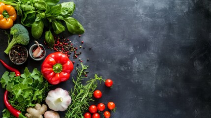 Fresh vegetables and spices arranged on a dark slate surface
