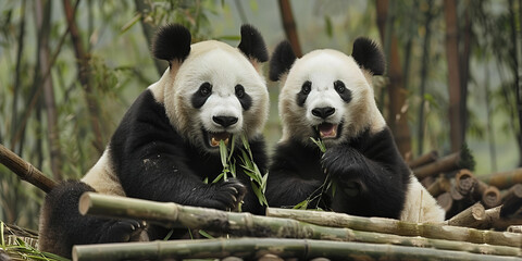 Obraz premium Gentle Giant Pandas Munching on Bamboo in Nature 