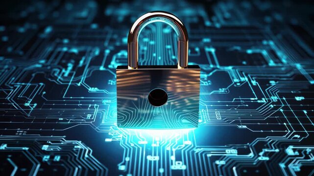 metal lock with electronic light trail glowing background, Cybersecurity and data management concept