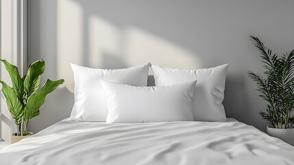 White pillow on a clean white bed with a light grey wall in the background