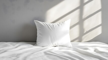 White pillow on a clean white bed with a light grey wall in the background