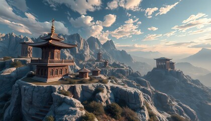 Obraz premium Ancient Temples on Mountain Peaks.