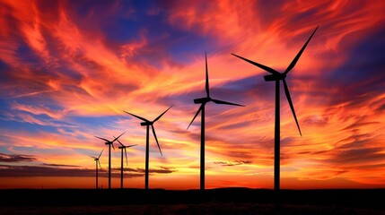 Wind Turbines Against A Dramatic Sunset