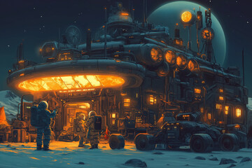 Astronauts Arrive at Futuristic Lunar Base with Vehicles. ..