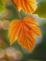 Obraz premium Autumn Leaves Close-Up: Vibrant Orange and Green Foliage with Bokeh Background