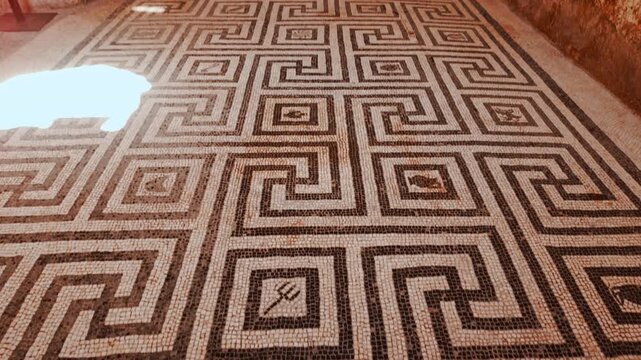 Meander pattern mosaic in the Tepidarium of the Women's Baths, Herculaneum, Ercolano, Naples, Campania, Italy, buried by Mount Vesuvius in 79 AD