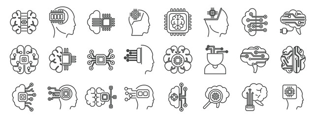 Brain implant icons set. Collection of icons representing artificial intelligence, machine learning, and the fusion of technology with the human mind