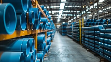 Fototapeta premium Industrial warehouse filled with blue plastic pipes arranged in rows