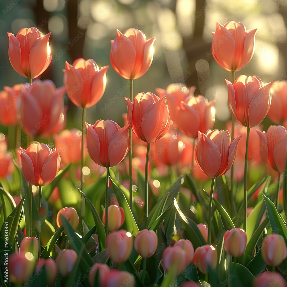 Canvas Prints sunlit pink tulips in a field