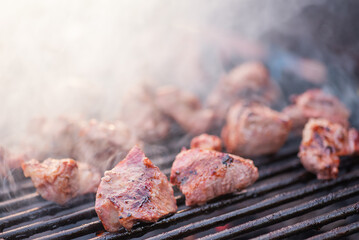 Pork kebab meat is prepared on the grill grate. Grilled meat