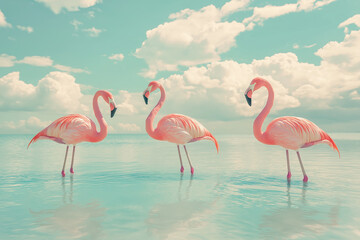 Obraz premium Pink flamingos standing in shallow turquoise water, bright sky blue background, hyper realistic photography