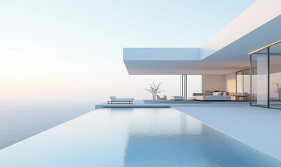 3d rendering, modern beach house with infinity pool and outdoor lounge, light blue sky, overlooking the ocean, blue sea in background, modern architecture, architectural rendering