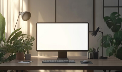 Front view of blank white screen on desktop monitor with keyboard and mouse in modern home office interior, mockup for design presentation template