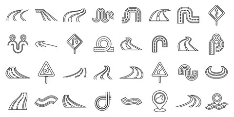 Winding road icons set. Set of line art icons featuring various road types and configurations, perfect for illustrating travel, transportation, or infrastructure concepts