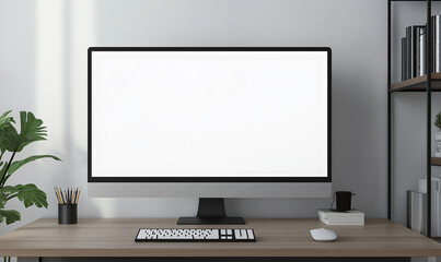Front view of blank white screen on desktop monitor with keyboard and mouse in modern home office interior, mockup for design presentation template