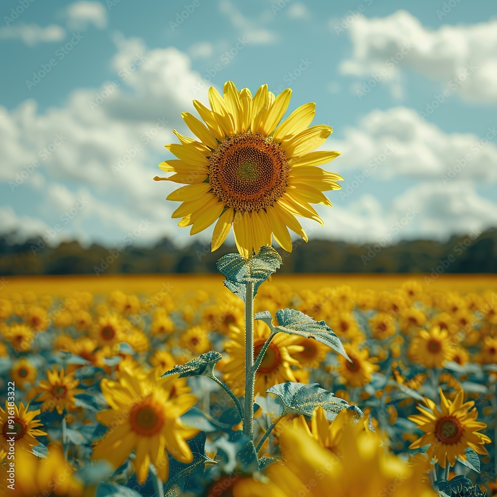 Poster tall sunflower in a field of golden blooms