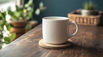 Fototapeta premium White mug mockup placed on a simple coaster on a clean table with no distractions