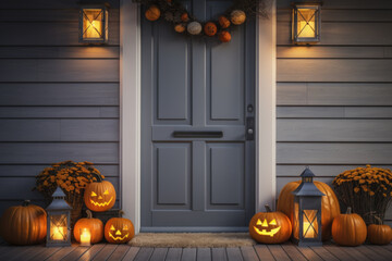 Obraz premium The entrance to the house is decorated with jack-o'-lanterns, pumpkins and garlands.
