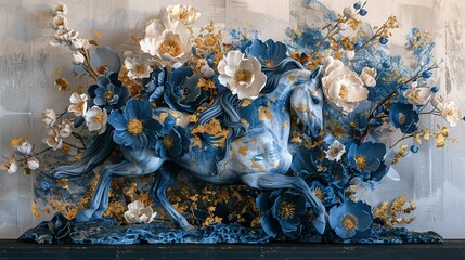 Blue Horse Statue Amidst White and Blue Flowers with Gold Accents