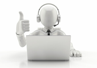 A 3D figure with headphones giving a thumbs up while using a laptop.