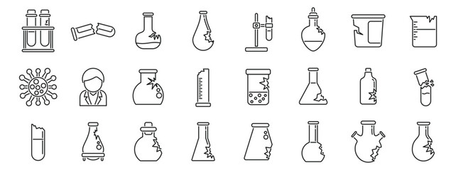 Broken laboratory glassware icons set. Scientist in a lab coat analyzing a variety of broken chemistry glassware