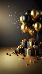 Black Friday en Estilo Elegante: Globos Negros y Dorados con Regalos de Lujo para Campa&ntilde;a Q4