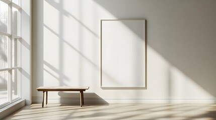 Fototapeta premium White frame with minimalist poster mockup on a plain white wall, soft shadows cast from natural light