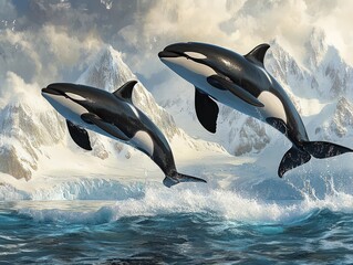 Fototapeta premium Orcas Leaping in the Arctic