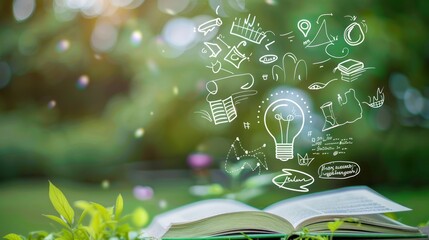 Open Book with Light Bulb and Ideas