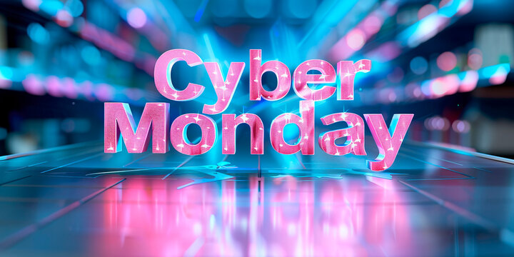 Cyber Monday is a day for online shopping. A bright pink background with the words "Cyber Monday" in bold letters. The image is designed to convey a sense of excitement