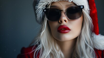 Obraz premium Close-up portrait of a woman wearing sunglasses and a Santa hat