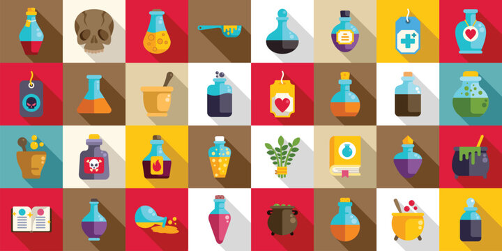 Magic elixir icons set. Colorful collection of potion bottles, ingredients, and tools for practicing alchemy, witchcraft, and potion making