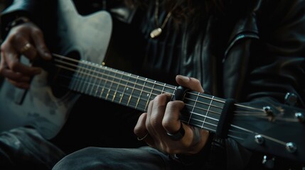 Obraz premium Close up of a man playing an acoustic guitar.