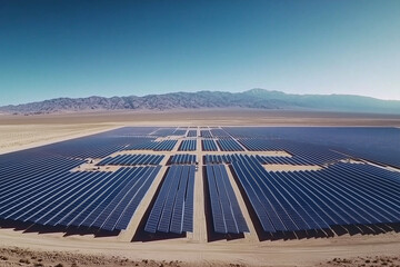 Solar panels in a vast field at sunrise generating renewable energy