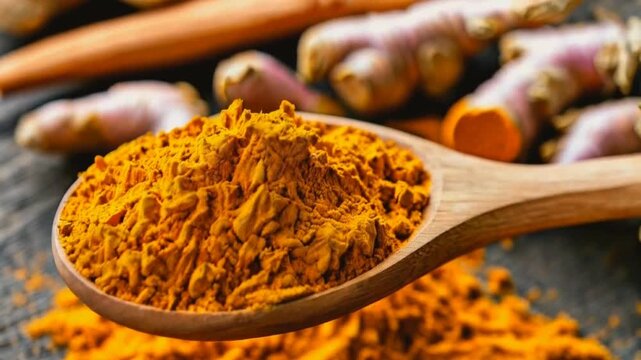 turmeric powder and roots close-up
