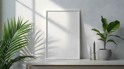 White frame with a clean poster mockup, standing on a minimalist console table against a plain wall